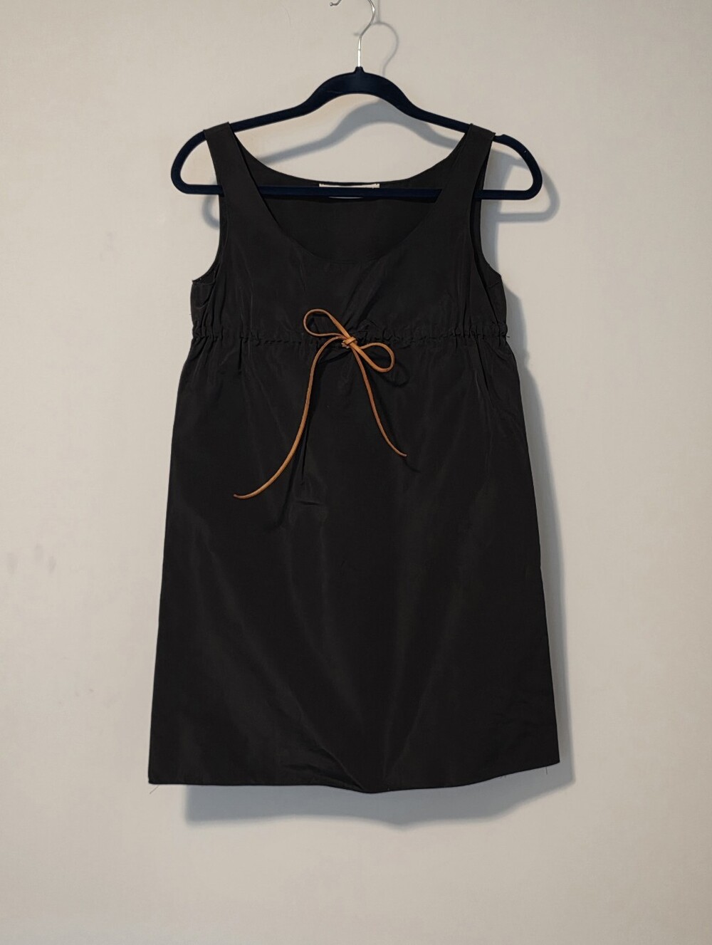 Vintage Miumiu Nylon With Leather Tie Babydoll Mini Black Dress Size IT 38 XS